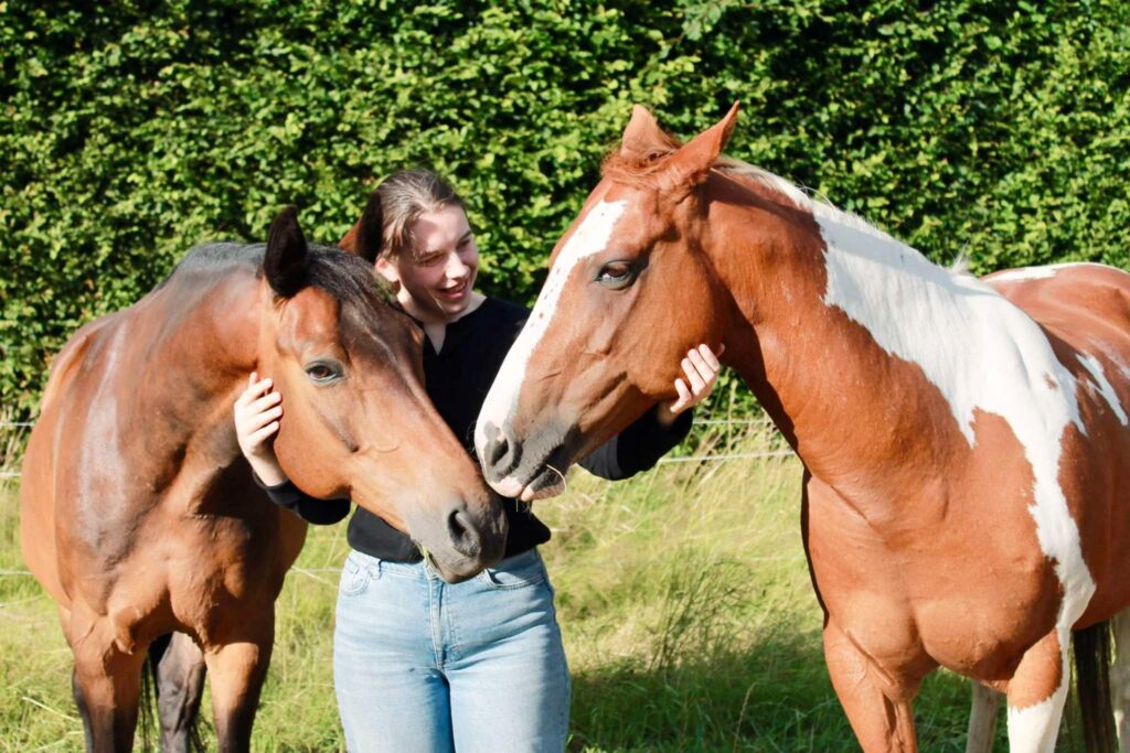 Julie staat met haar twee paarden in de wei